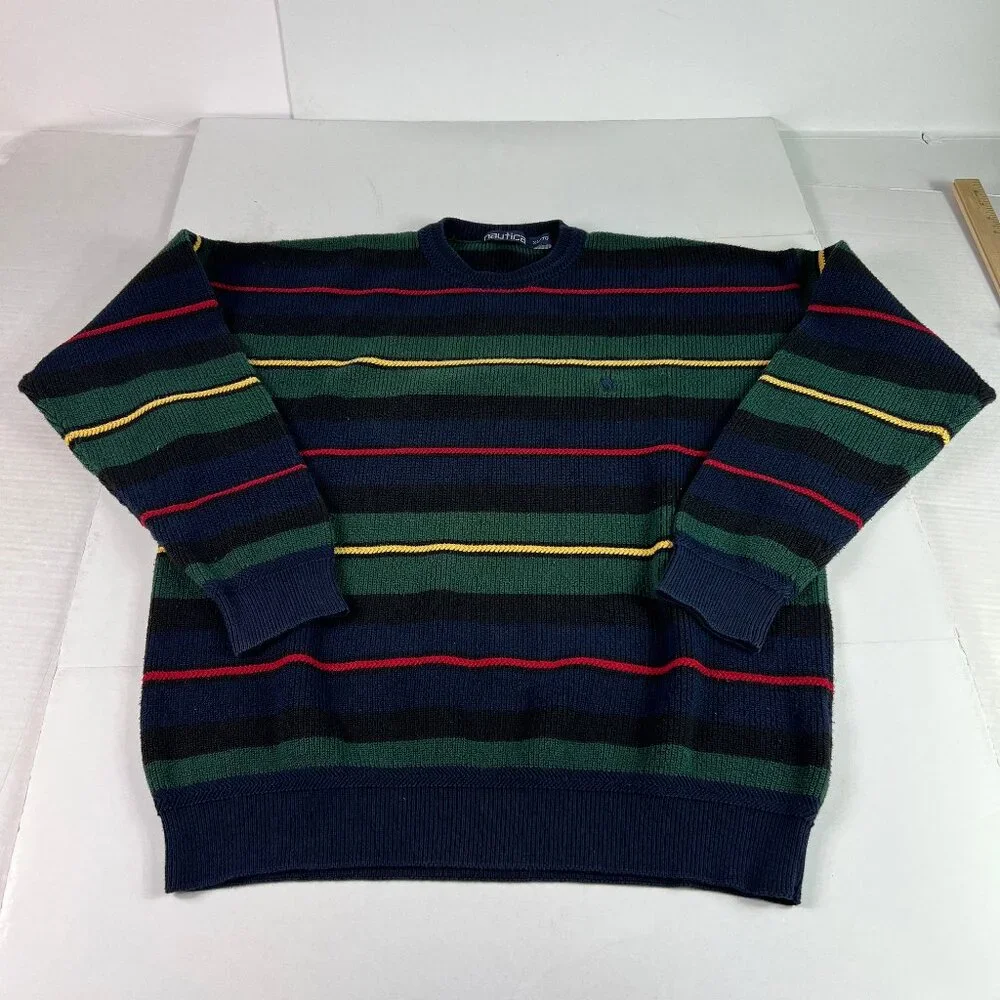 VTG 90s Nautica Knit Sweater Mens Fits Large Colorful Striped Crewneck Tag XL